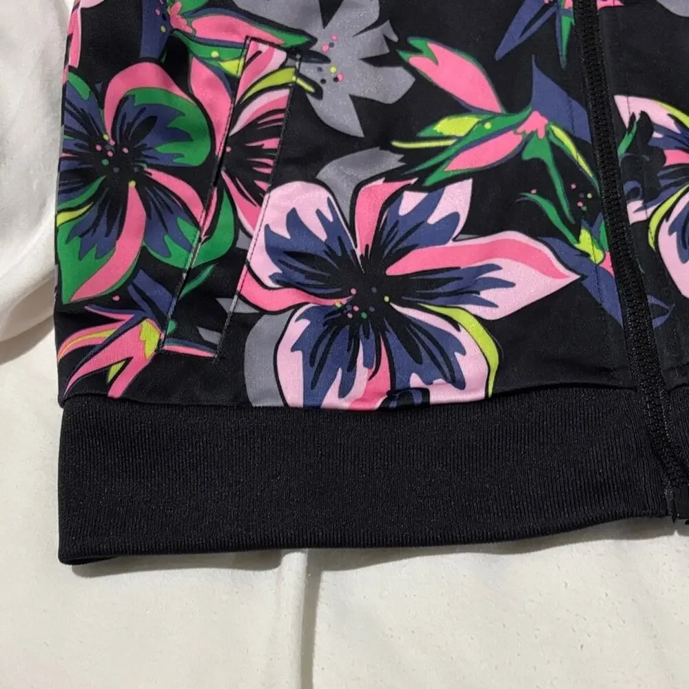 Adidas Kids Floral track Jacket 10/12- Black, Pink, and Green euc like new